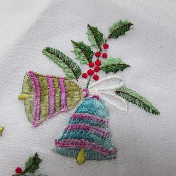 Christmas Holiday Handkerchief Embroidered Bells Made in Switzerland - Picture 3 of 6